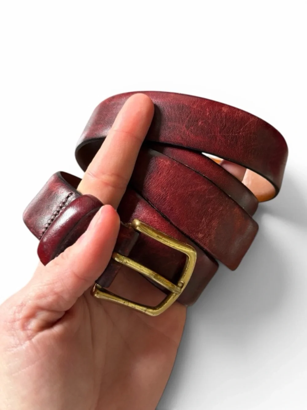 Italian Beveled Edge Full Grain Leather Belt genuine solid brass buckle 44 110